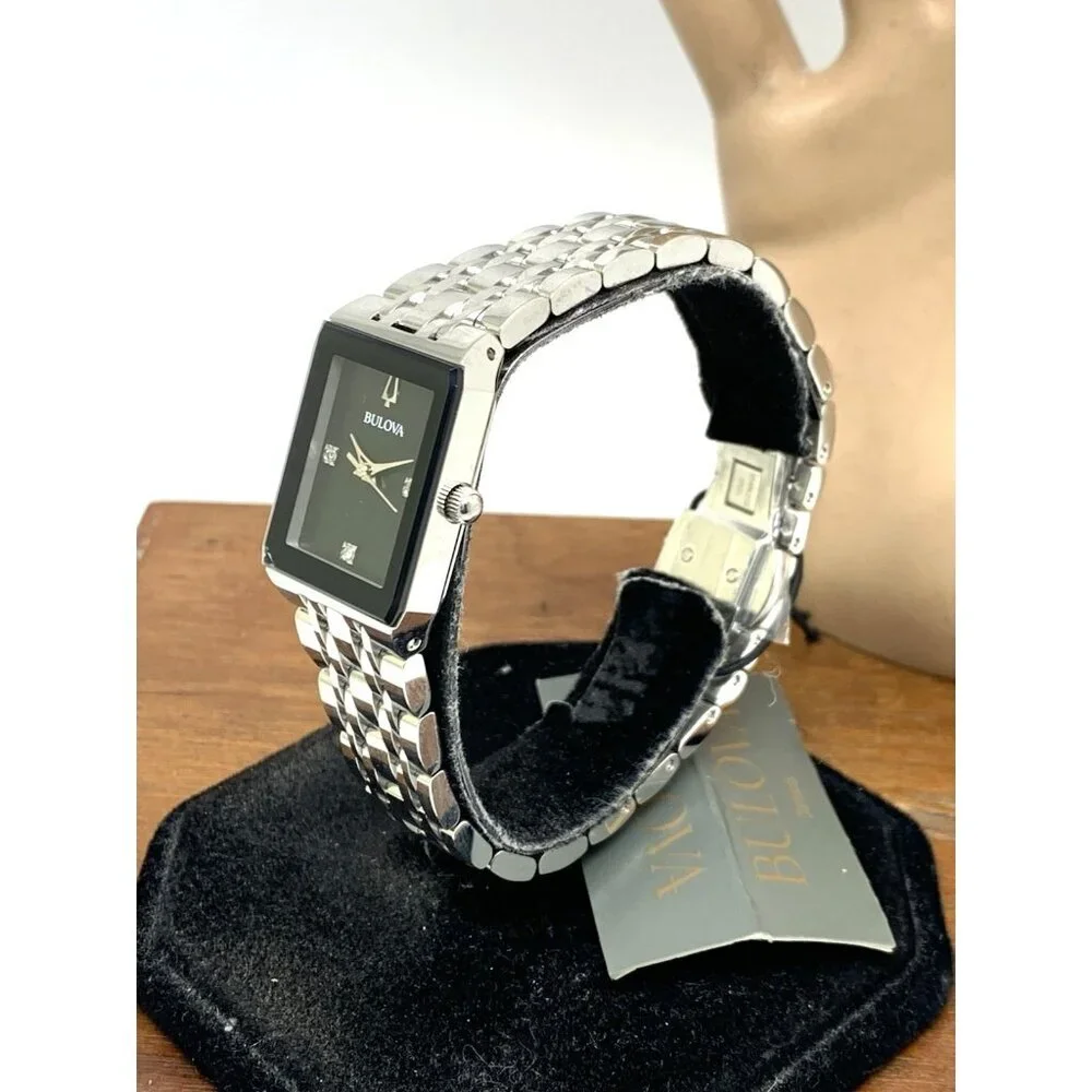 Bulova Women's Watch 96P202 Quartz Black Dial Diamond Quadra Silver Steel CHIP
